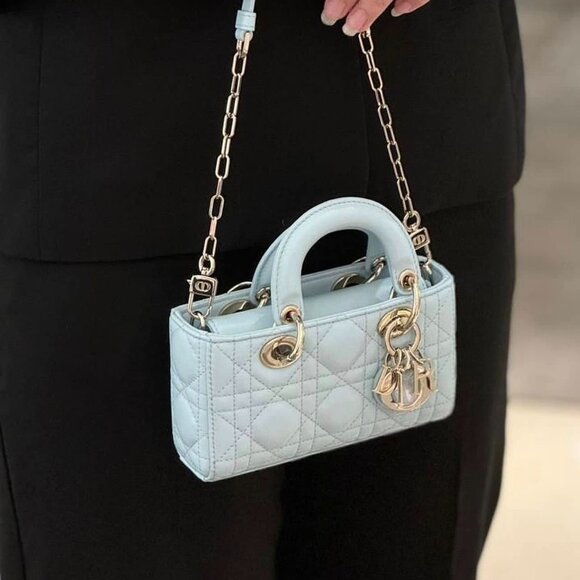 !SOLD! DIOR LADY DJOY MICRO BAG PLACID BLUE CANNAGE LAMBSKIN CHAMPAGNE GOLD HW - Picture 8 of 9